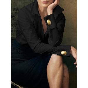 Long Sleeve Loose Buttoned Solid Color Lapel Blouse - Classic Shirt Top